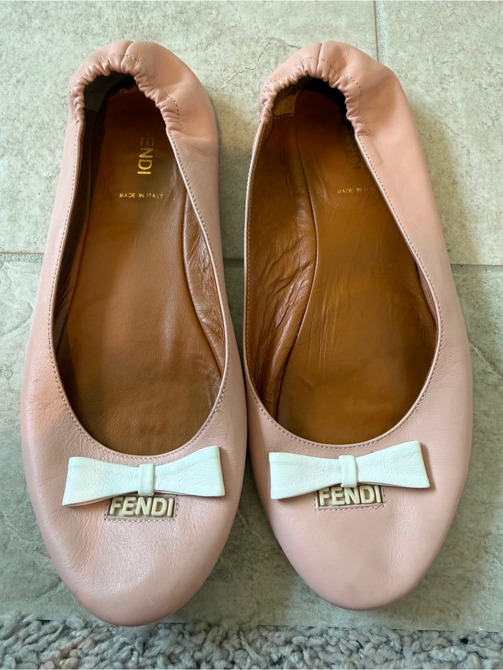 Fendi Pink Leather Bow Ballet Flats with White Bow & Gold Logo